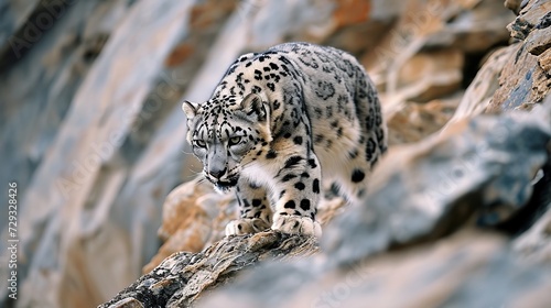 Snow Leopard Navigating Steep and Rugged Terrain