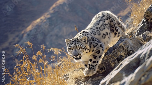 Snow Leopard Navigating Steep and Rugged Terrain
