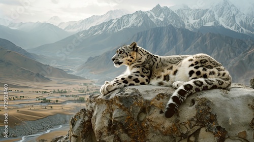 Snow Leopard Resting on High Perch