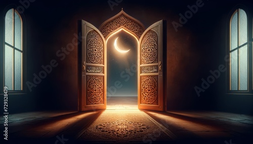 an intricately carved traditional wooden door standing open with light pouring out  against a dark background to symbolize the beginning of Ramadan