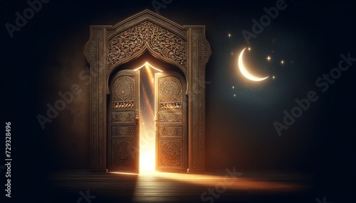 an intricately carved traditional wooden door standing open with light pouring out, against a dark background to symbolize the beginning of Ramadan