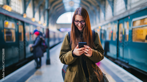 Garota jovem usando o celular na estação de trem photo
