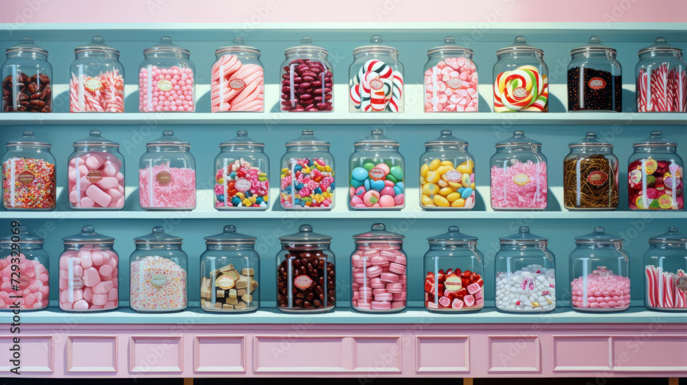 Jars with different penny sweets on shelves in a traditional sweet shop