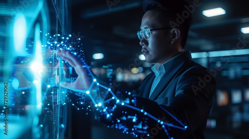 Young Professional Using Integrated Technology in Futuristic Office