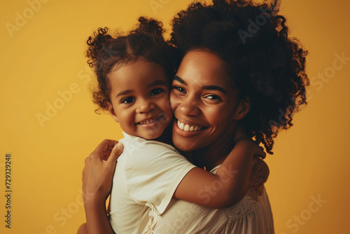 Mother's Day family holiday unconditional love concept. Adorable child hugging and embracing mom, Portrait of happy African American mommy and child kid hugging each other on yellow studio background