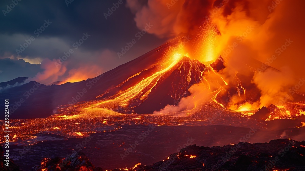 Mount Etna erupting with lava, smoke, and glowing lava fountains