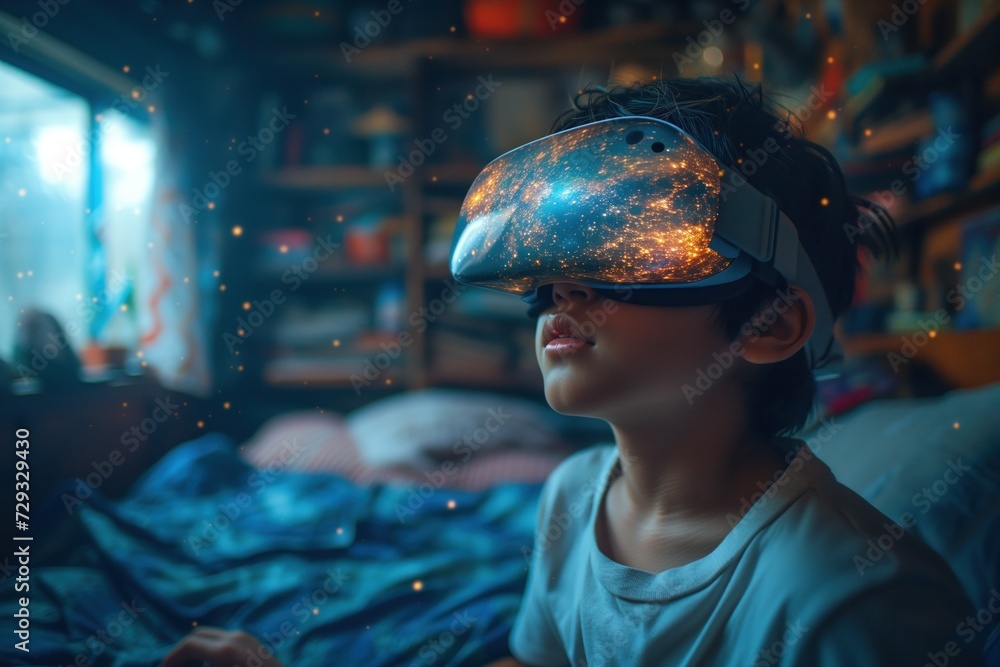 Child with VR headset in his home, playing video games, experiencing metaverse, immersive futuristic virtual reality experience