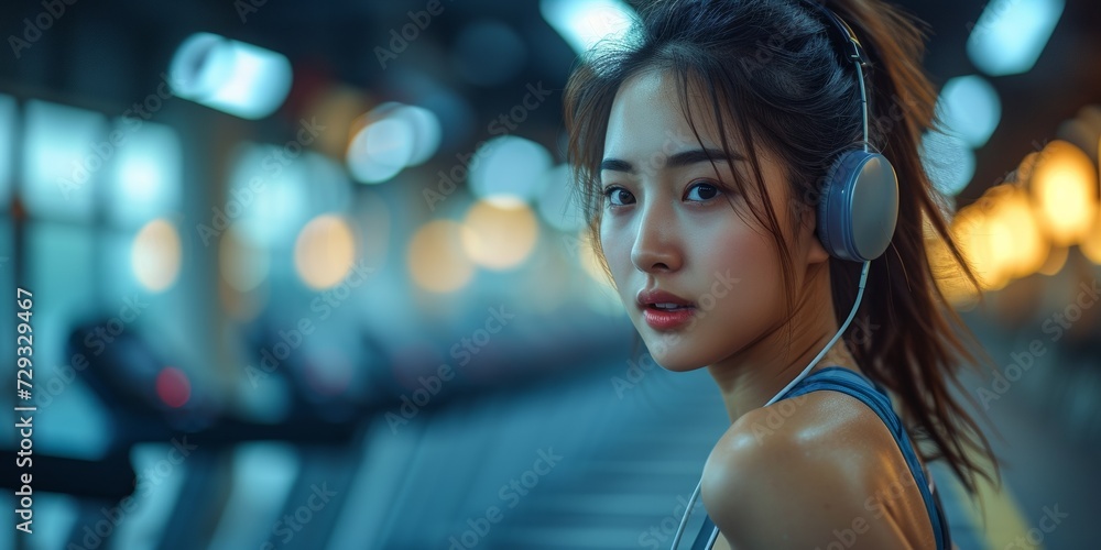 Young Asian woman wearing headphones posing for a portrait while doing sports in the gym.