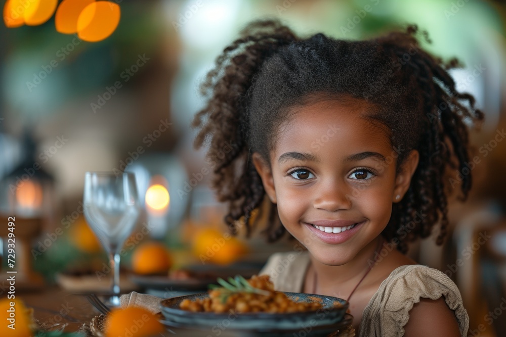 Cute little girl enjoying healthy food, her face glowing with happiness. Cute little girl enjoying healthy food, her face glowing with happiness.