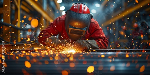 An experienced welder skillfully manipulates metal to create sparks accurately and safely. photo