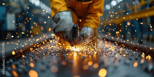 A skilled adult welder works in an industrial plant, using precision and protective equipment to create sparks among metal structures. photo