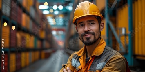 A confident mature Caucasian man in a hard hat stands in a warehouse.
