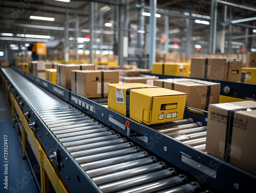 A conveyor belt system transporting packages in a distribution center