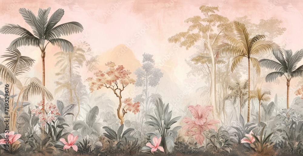 wallpaper jungle and leaves tropical forest - drawing vintage - obrazy, fototapety, plakaty 