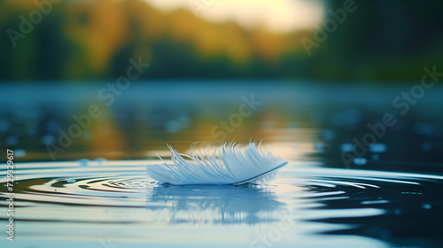 A Feather on the Lake close up, copy space, generative ai