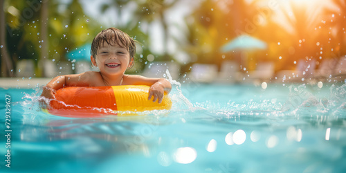 Child laughing and having fun at the water park in the water, water activities in children