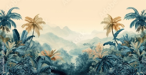 wallpaper jungle and leaves tropical forest - drawing vintage photo