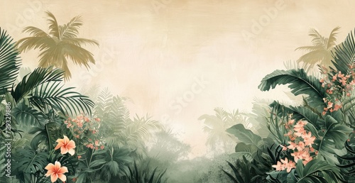 wallpaper jungle and leaves tropical forest - drawing vintage