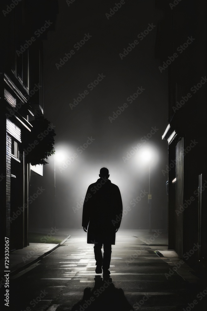 man walking along the alley in night foggy road AI