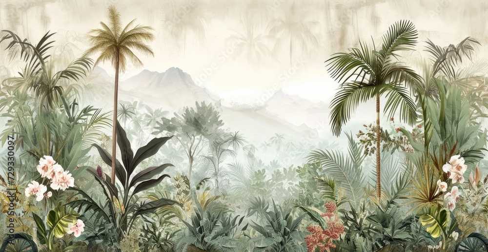 wallpaper jungle and leaves tropical forest - drawing vintage - obrazy, fototapety, plakaty 