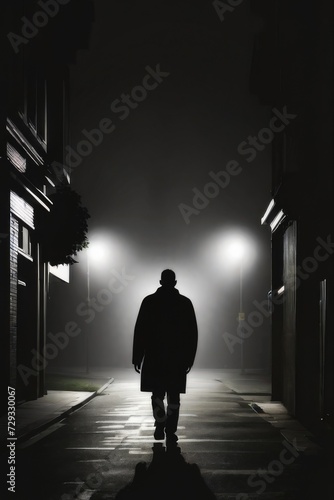 man walking along the alley in night foggy road AI