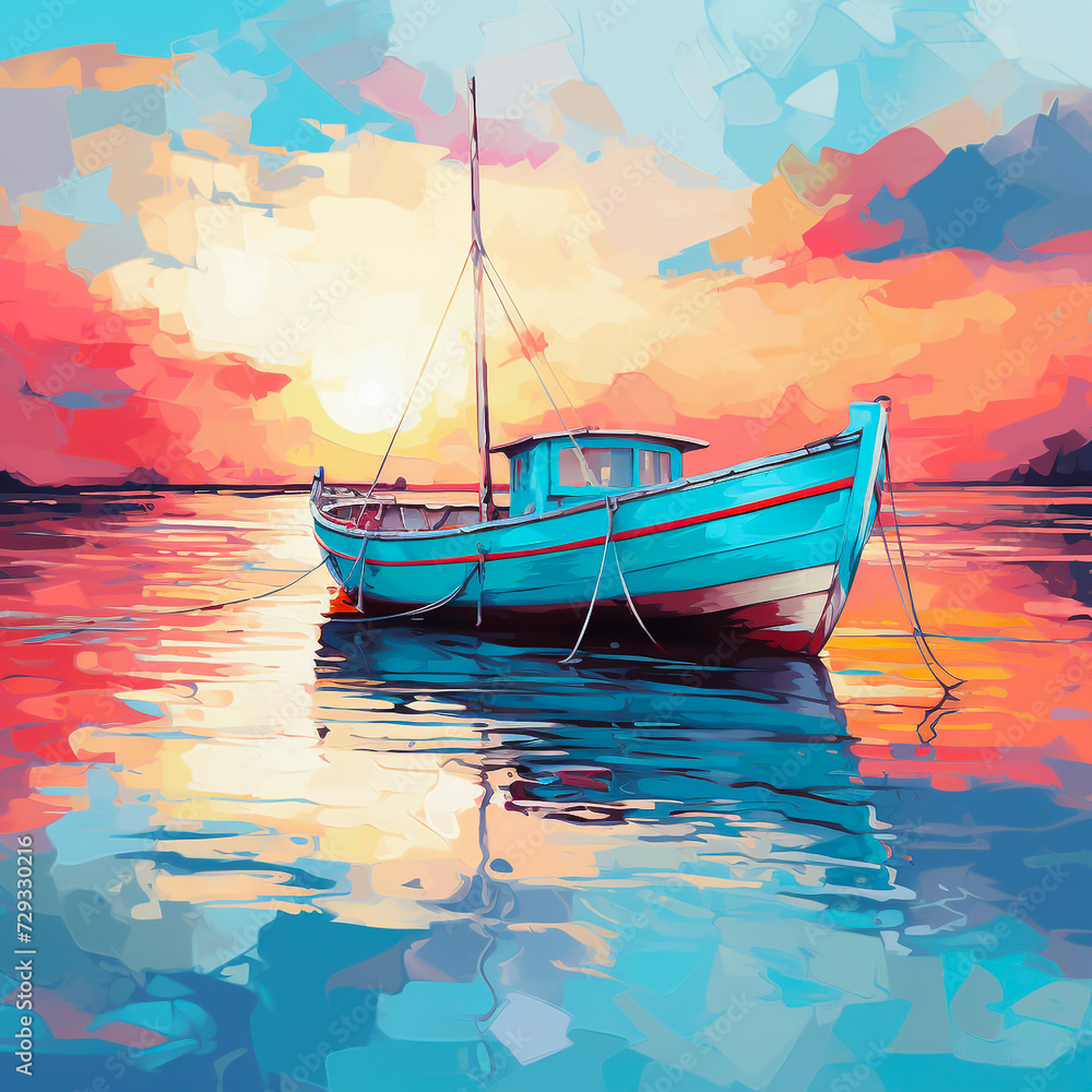 A colorful painting of a small fishing boat in the sea.