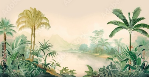 wallpaper jungle and leaves tropical forest - drawing vintage