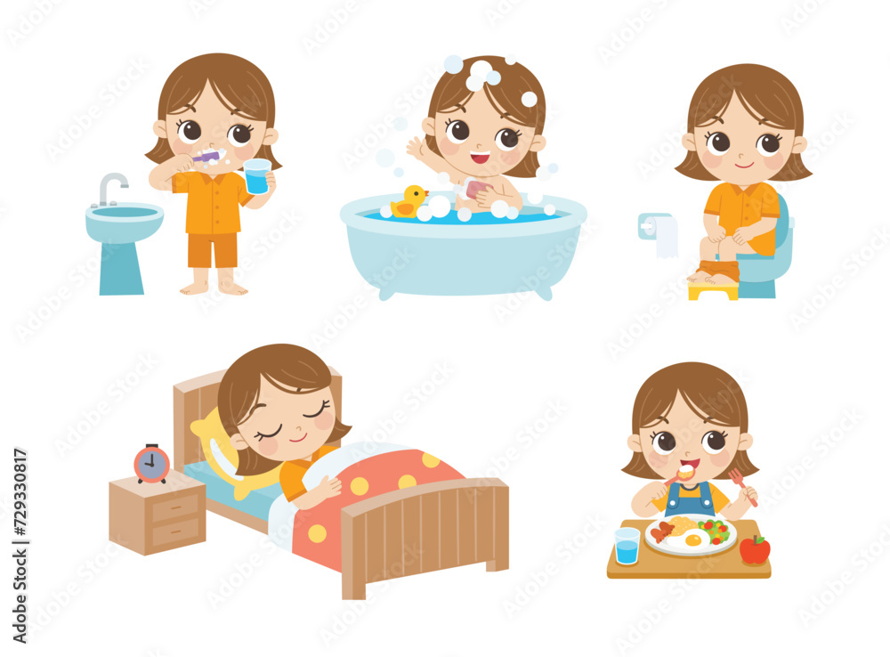 The daily routine of a cute girl on a white background. [ sleep, brush teeth, take a bath, sit on the toilet and eat breakfast ].