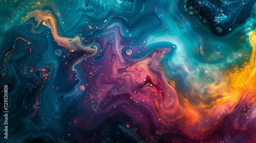 Vibrant swirls of cosmic hues merging in an ethereal dance of abstract marbling photography.