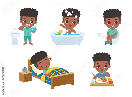 The daily routine of a cute boy on a white background. [ sleep, brush teeth, take a bath, sit on the toilet and eat breakfast ].