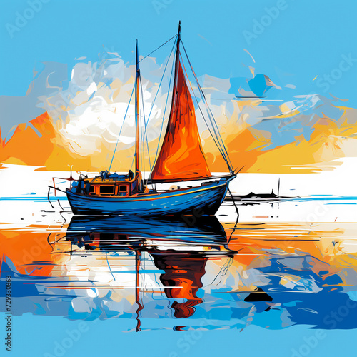 A vivid painting of a sailboat in the wind passing through the waves at sea. © Rassamee