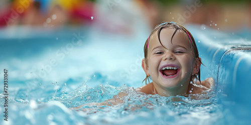 Child laughing and having fun at the water park in the water, water activities in children