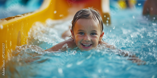 Child laughing and having fun at the water park in the water, water activities in children