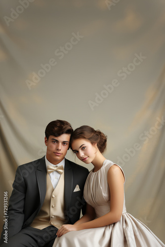 Elegant Young Couple in Timeless Formal Attire for Prom or Engagement Photo Shoot, Open Empty Copy Space for Text within a Poster, Invitation or Announcement, Fill in the blank, Vertical Portrait