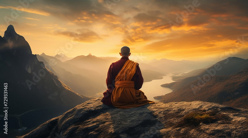 A Tibetan monk from back sitting on the stone near the water in the background of foggy mountains sky, nature, meditation, spiritual growth, house, temple