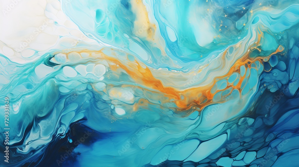 Fototapeta premium Currents of translucent hues, snaking metallic swirls, and foamy sprays of color shape the landscape of these free-flowing textures. Natural luxury abstract fluid art painting in liquid ink