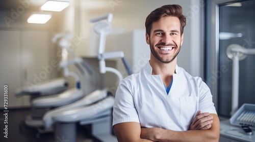 Dentist man smiling while standing in dental clinic. Portrait of confident a young dentist working in his consulting room