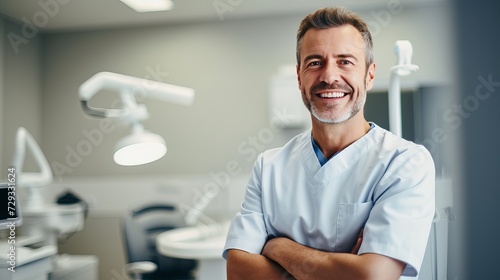 Dentist man smiling while standing in dental clinic. Portrait of confident a young dentist working in his consulting room
