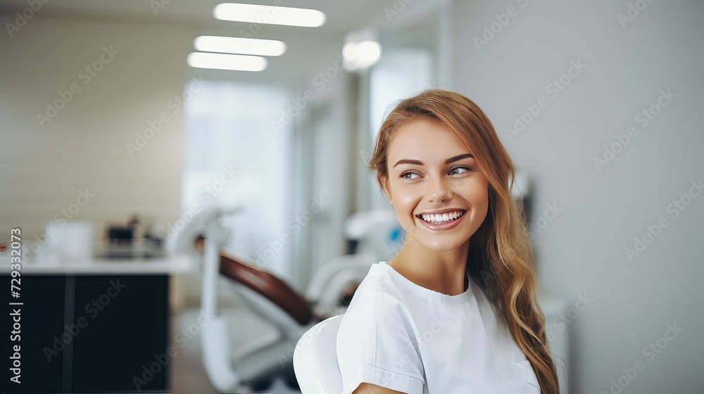 European young woman smiling while looking at mirror in dental clinic European young woman smiling while looking at mirror in dental clinic