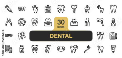 Set of 30 Dental icon element set. Includes tooth, pain, teeth, medicine, treatment, cleaning, dentist, and More. Outline icons vector collection.