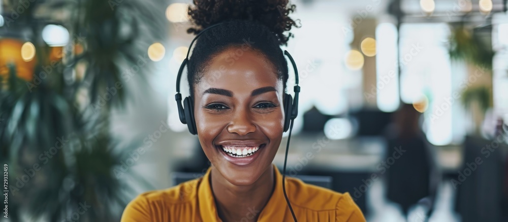 A Black call centre agent, young and laughing while on a call with a headset. - obrazy, fototapety, plakaty 