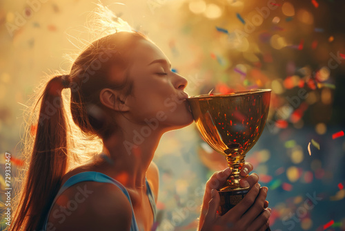 A girl celebrates her victory and kisses the first place trophy against a background of festive confetti