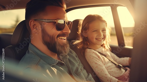Happy Family with car travel road trip. summer vacation in car in the sunset, Dad, mom and daughter happy traveling enjoy together driving in holidays, people lifestyle ride by automobile © Elchin Abilov