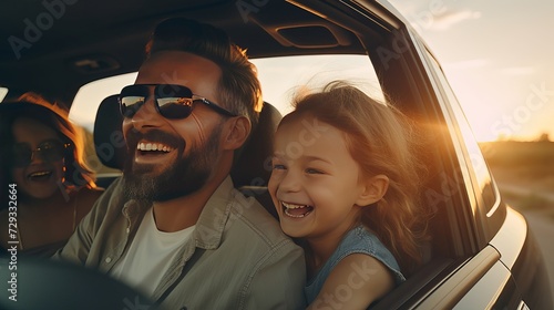 Happy Family with car travel road trip. summer vacation in car in the sunset, Dad, mom and daughter happy traveling enjoy together driving in holidays, people lifestyle ride by automobile