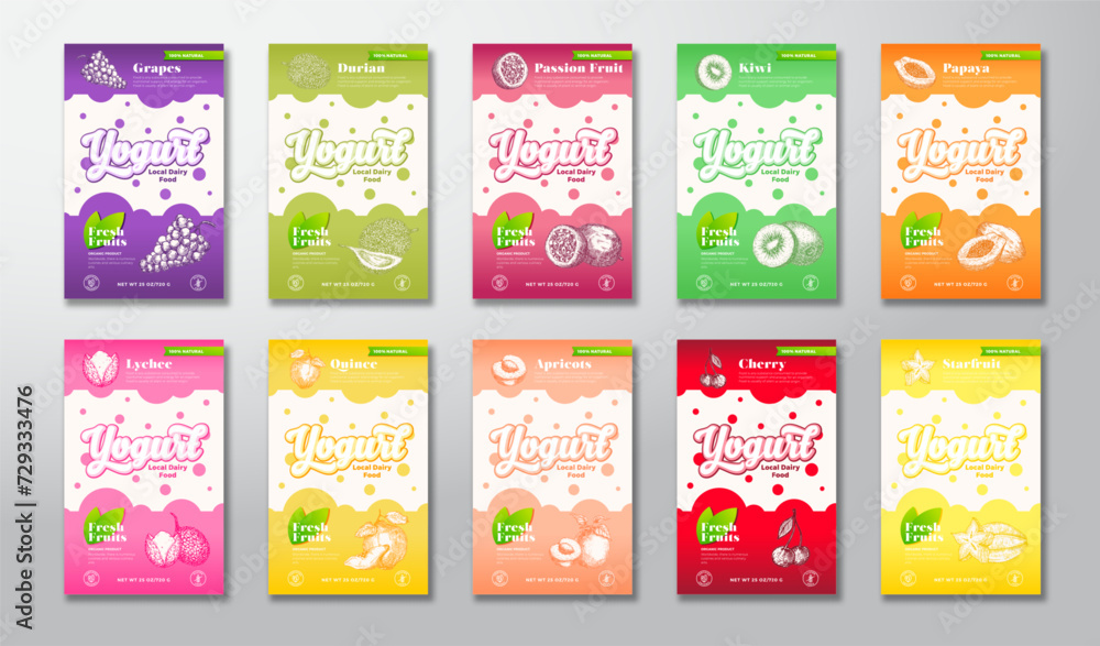 Citrus, Fruits and Berries Yogurt Label Templates Set. Abstract Vector Dairy Packaging Design Layouts Collection. Modern Banner with Hand Drawn Fruit Illustrations Backgrounds Bundle Isolated