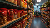 At a neighborhood food pantry during a holiday season, shelves filled with canned goods are decorated with festive ribbons and bows.