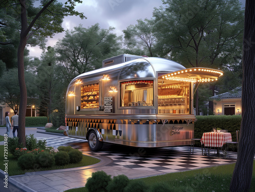Envision a food truck mock-up in a quaint suburban neighborhood. 