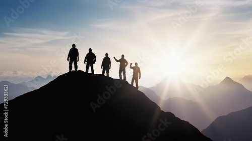 Silhouette of the team on the mountain