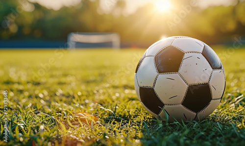 Soccer ball on the grass of football stadium