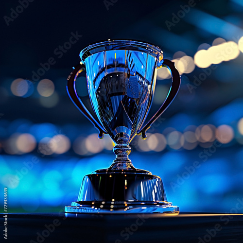 Soccer cup, trophy on the grass of a football stadium
